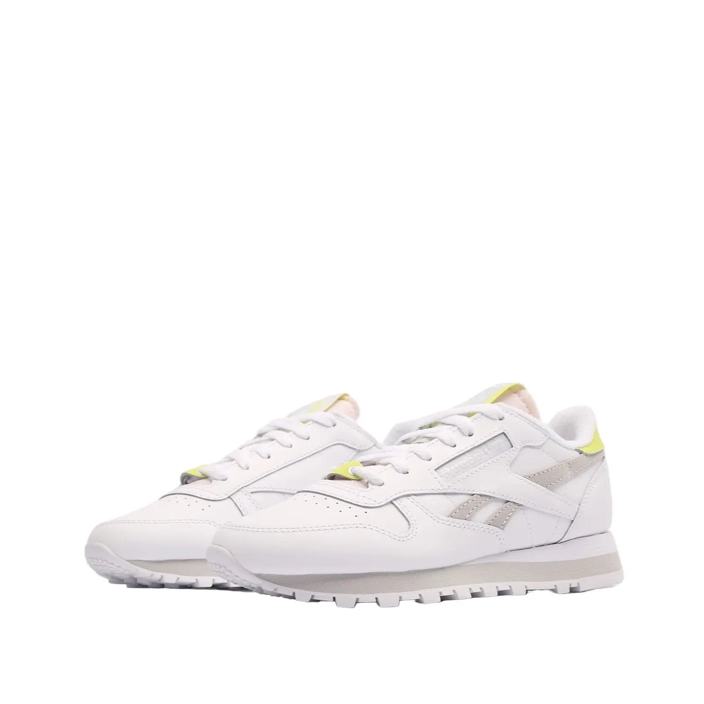 Reebok Clasic Leather blanche avec détail acid Yellow, vue 3/4