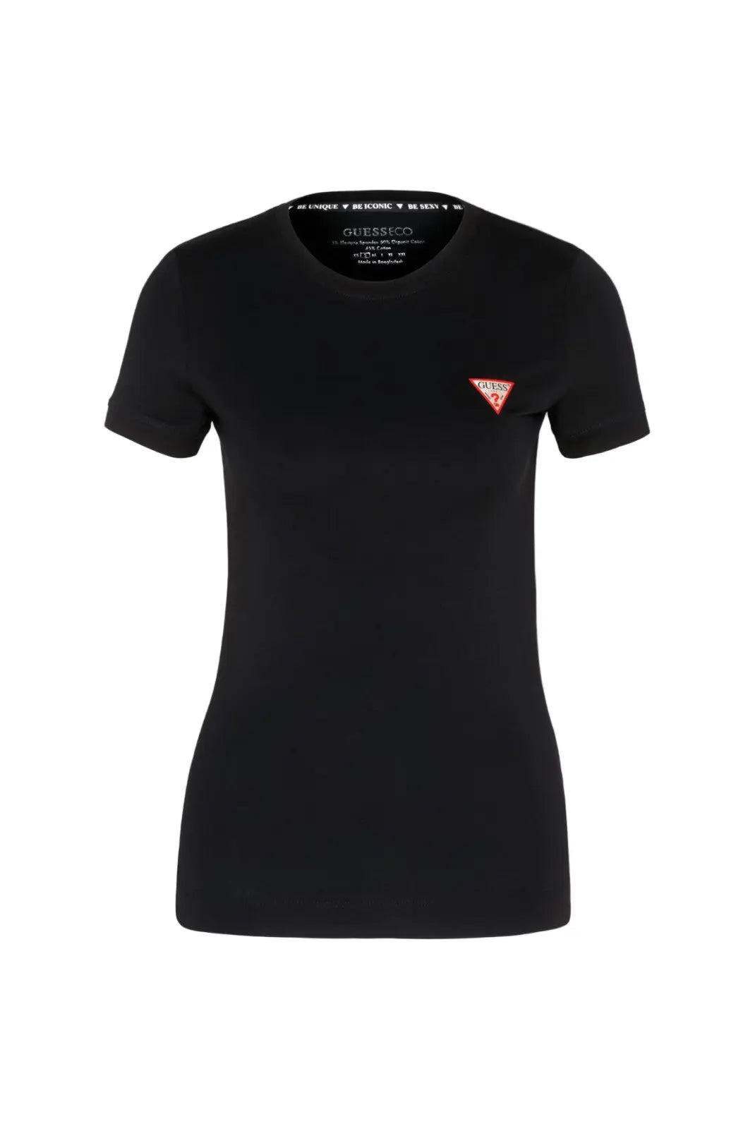 T shirt femme Guess noir avec logo triangulaire, vue de face