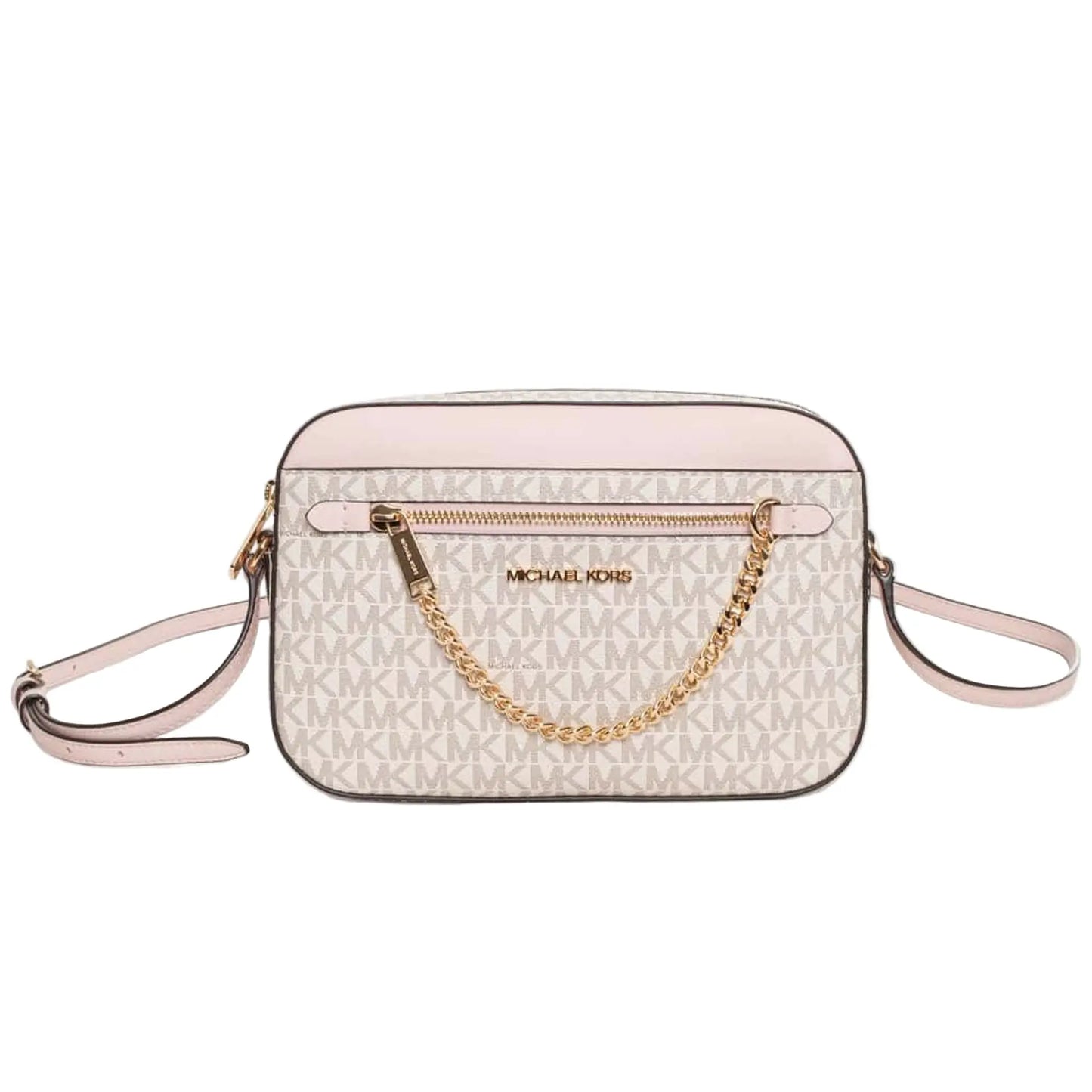 Sac bandoulière Michael Kors femme beige et rose avec logo MK et chaîne dorée
