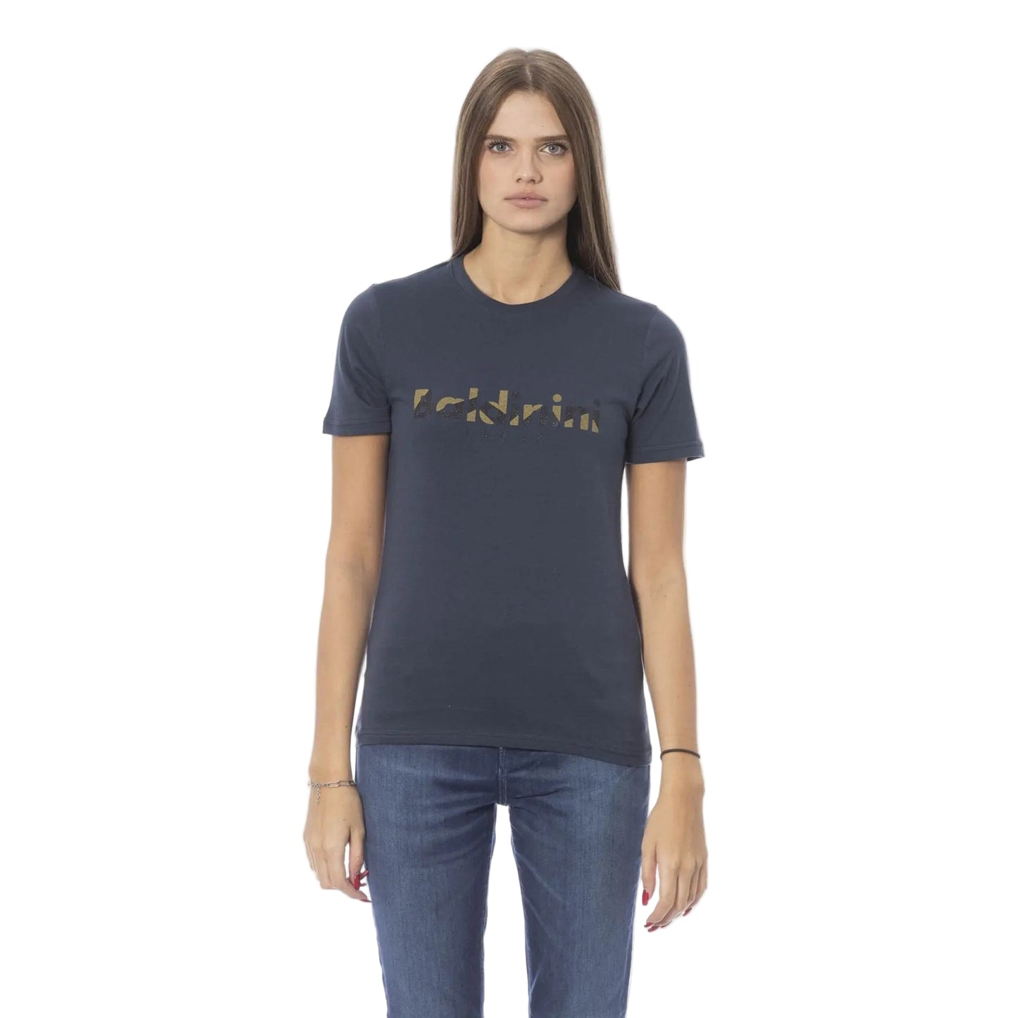 T-shirt Baldinini femme bleu marine avec logo doré, vue de face