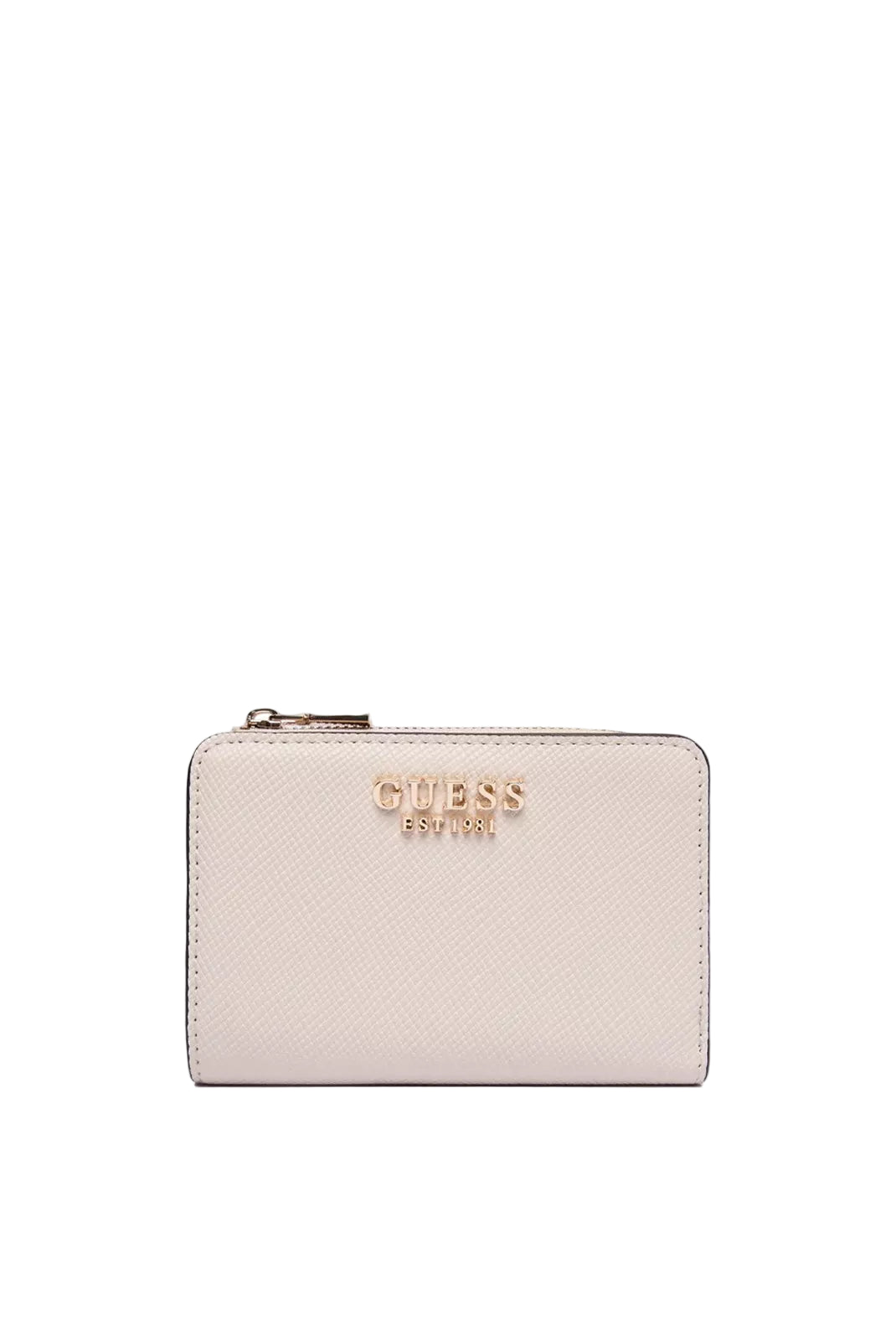 Porte-monnaie Guess femme beige en cuir PU avec logo doré et fermeture zippée