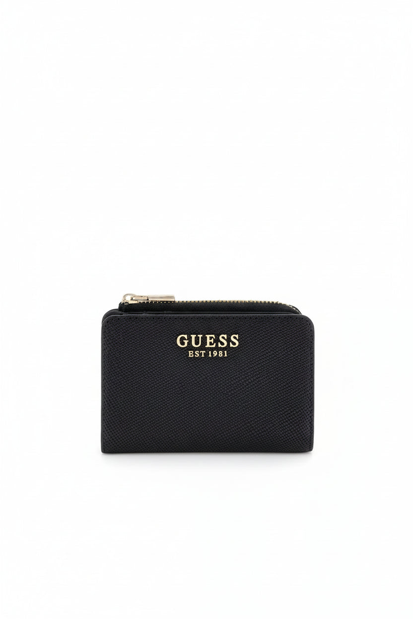 Porte-monnaie Guess femme noir avec fermeture zippée et logo métallique doré