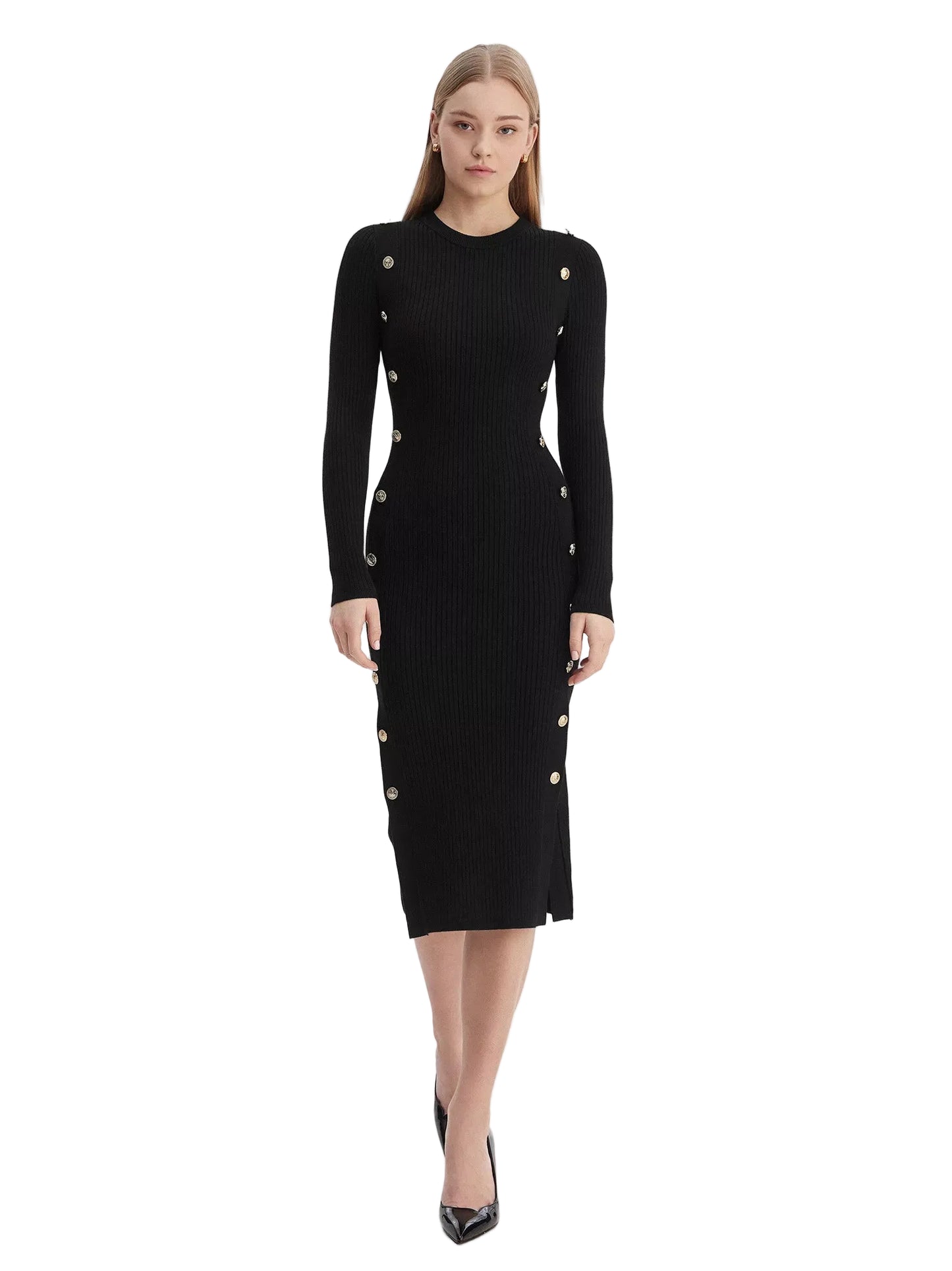 Robe Guess femme Jet Black boutonnée ajustée portée de face