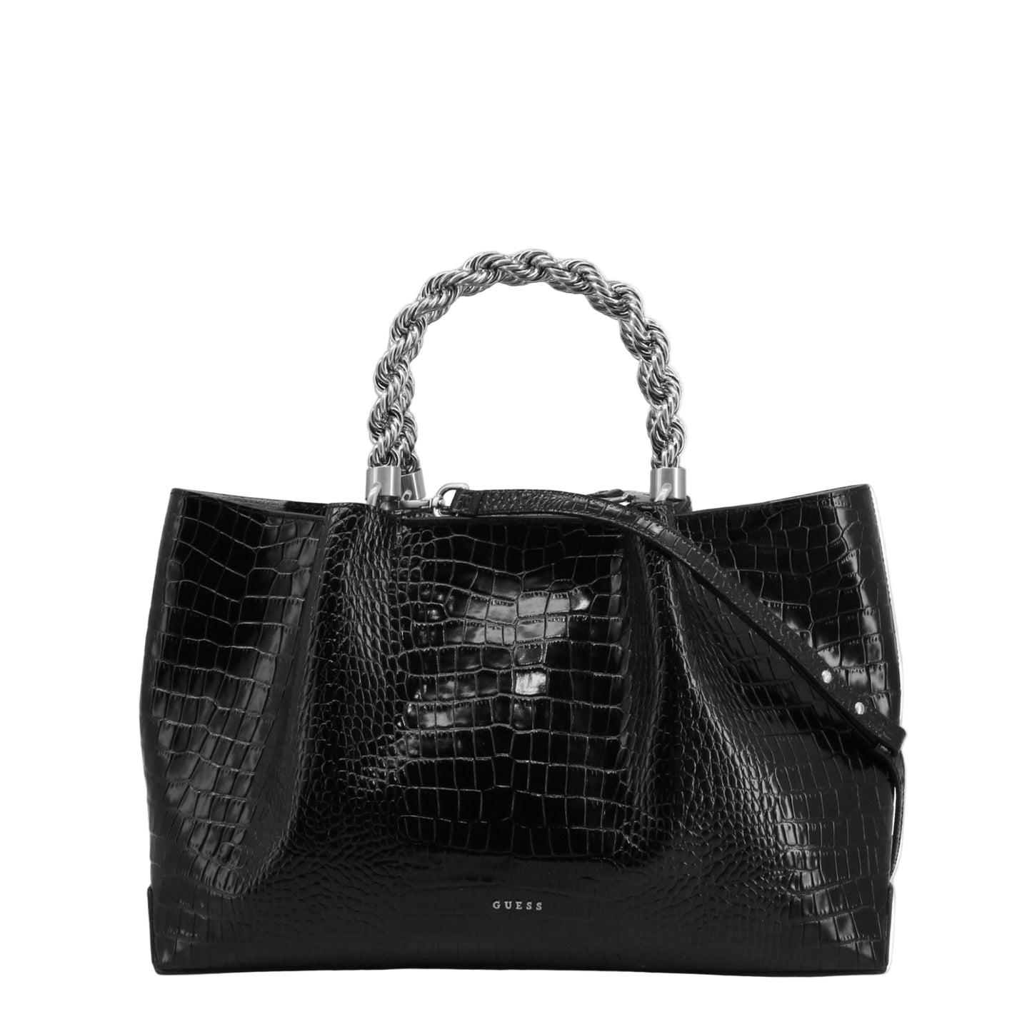 Sac cabas Guess femme noir en cuir effet croco avec poignées argentées