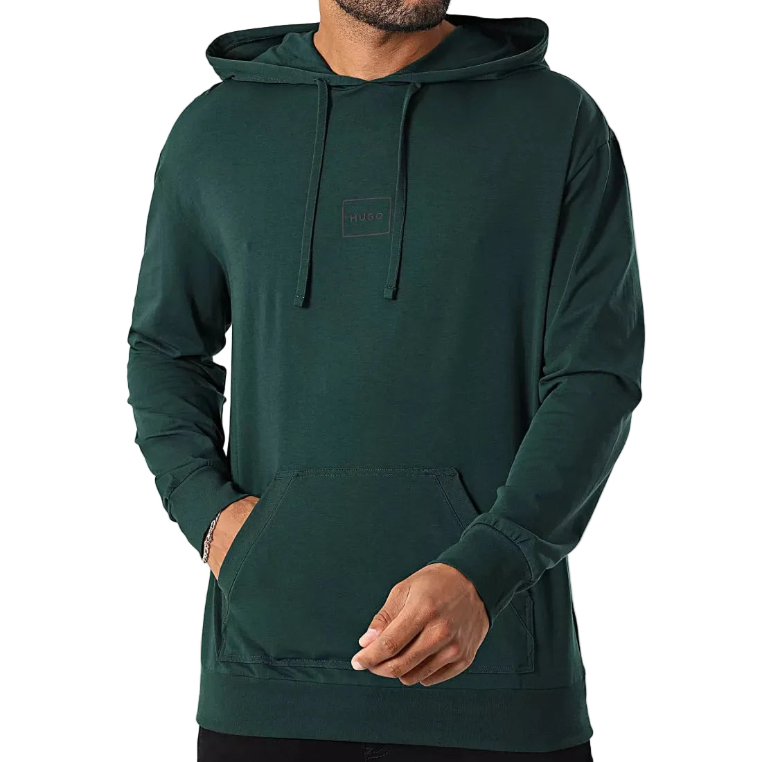 Sweat à capuche Hugo Boss homme vert Open Green logo HUGO patch vue de face