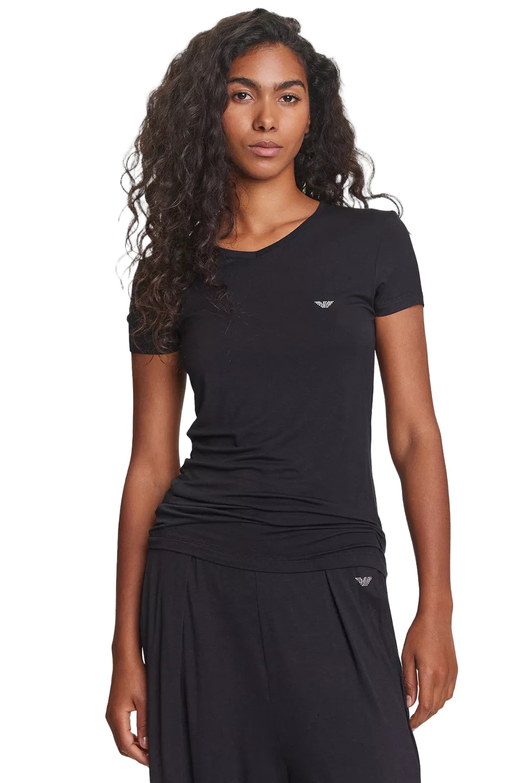T-shirt Emporio Armani femme noir col V logo strassé face