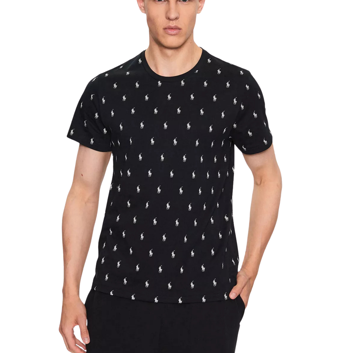 t-shirt ralph lauren homme noir logo all over porté de face