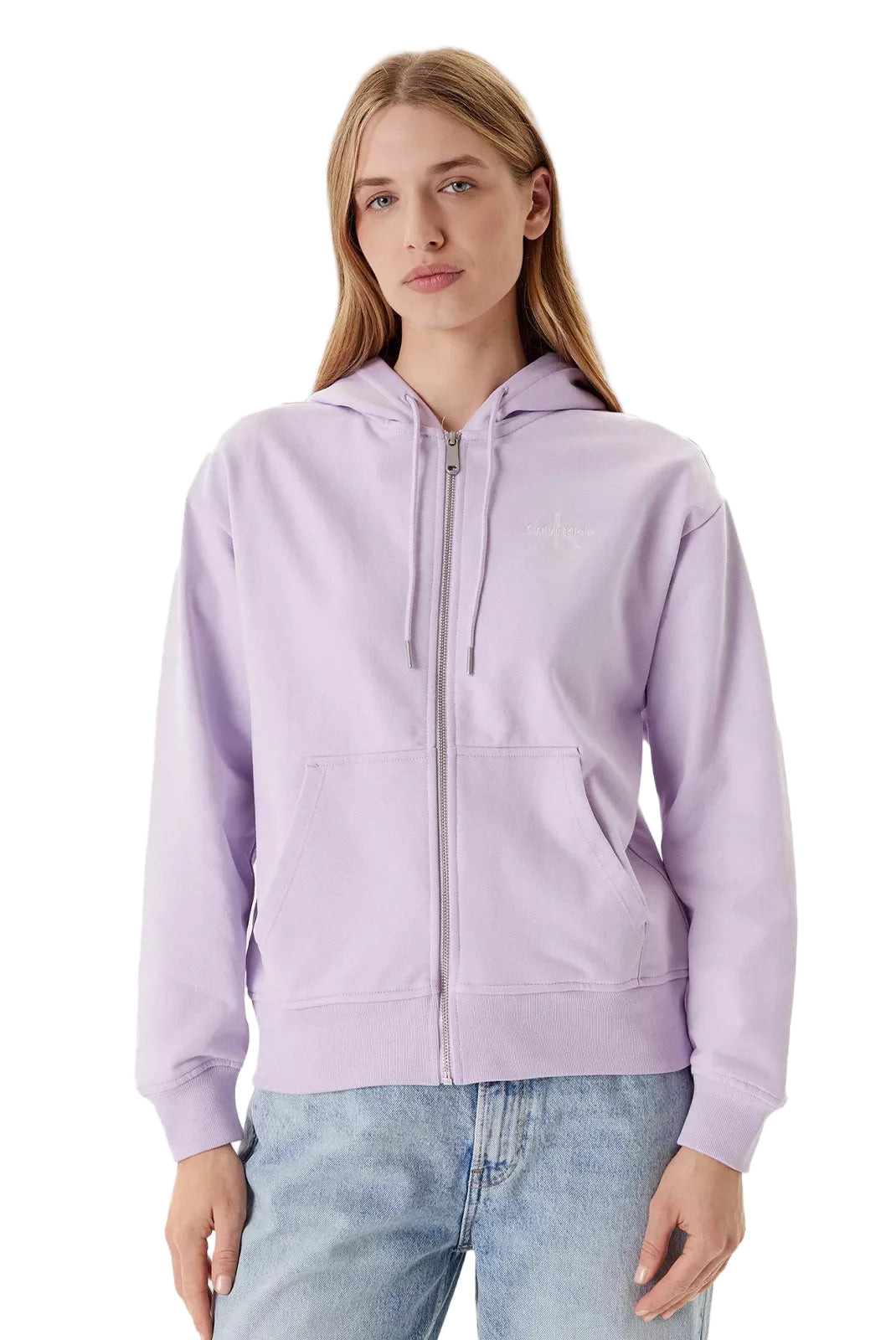 Veste à capuche Calvin Klein femme lavande avec poche ventrale et fermeture zippée