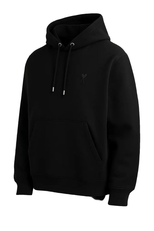 Sweat à capuche AMI Paris Noir, logo Coeur A ton sur ton, vue 3/4