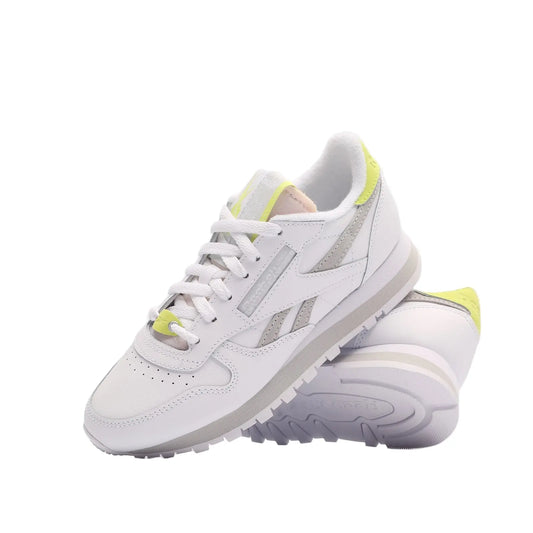 Reebok Clasic Leather blanche avec détail acid Yellow, vue 3/4