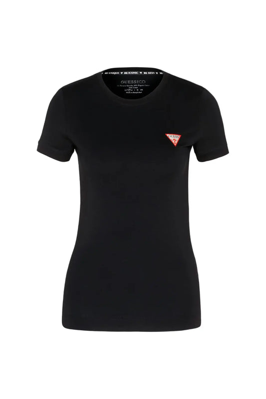 T shirt femme Guess noir avec logo triangulaire, vue de face