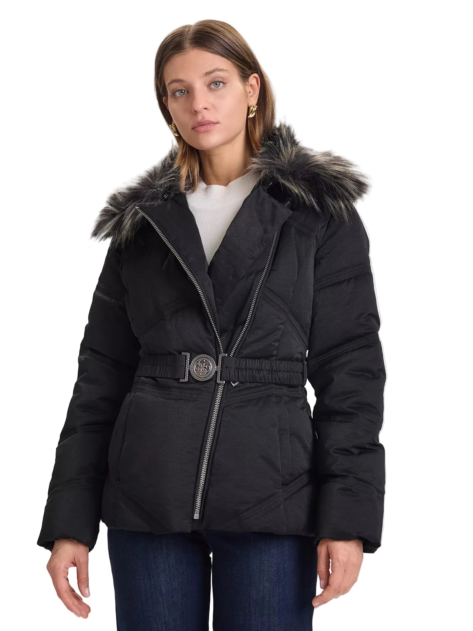 Blouson Guess femme réversible noir col fourrure porté