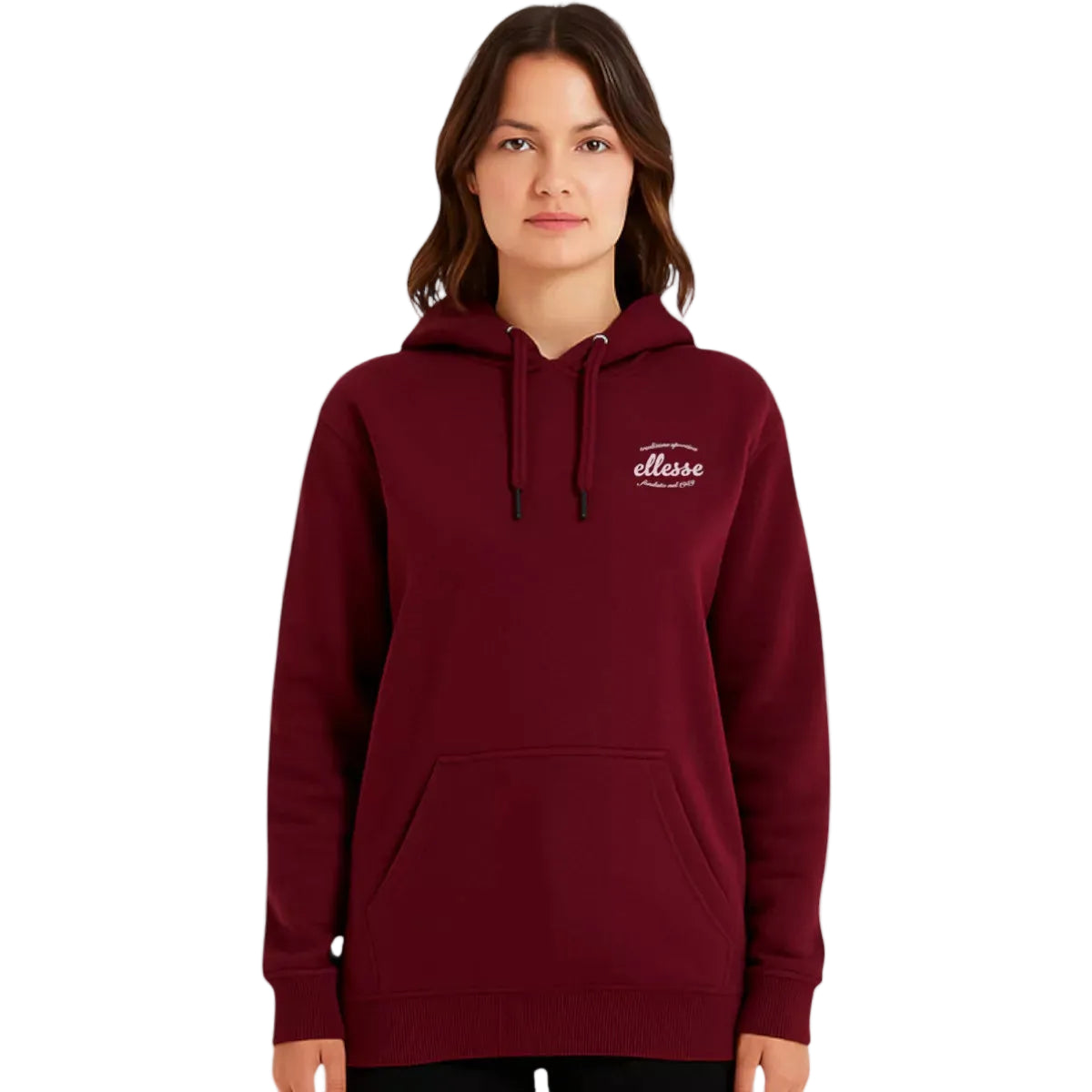 Hoodie Ellesse femme bordeaux avec capuche, vue de face portée