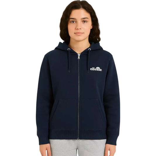 Hoodie Ellesse femme marine zippé avec capuche, vue de face portée