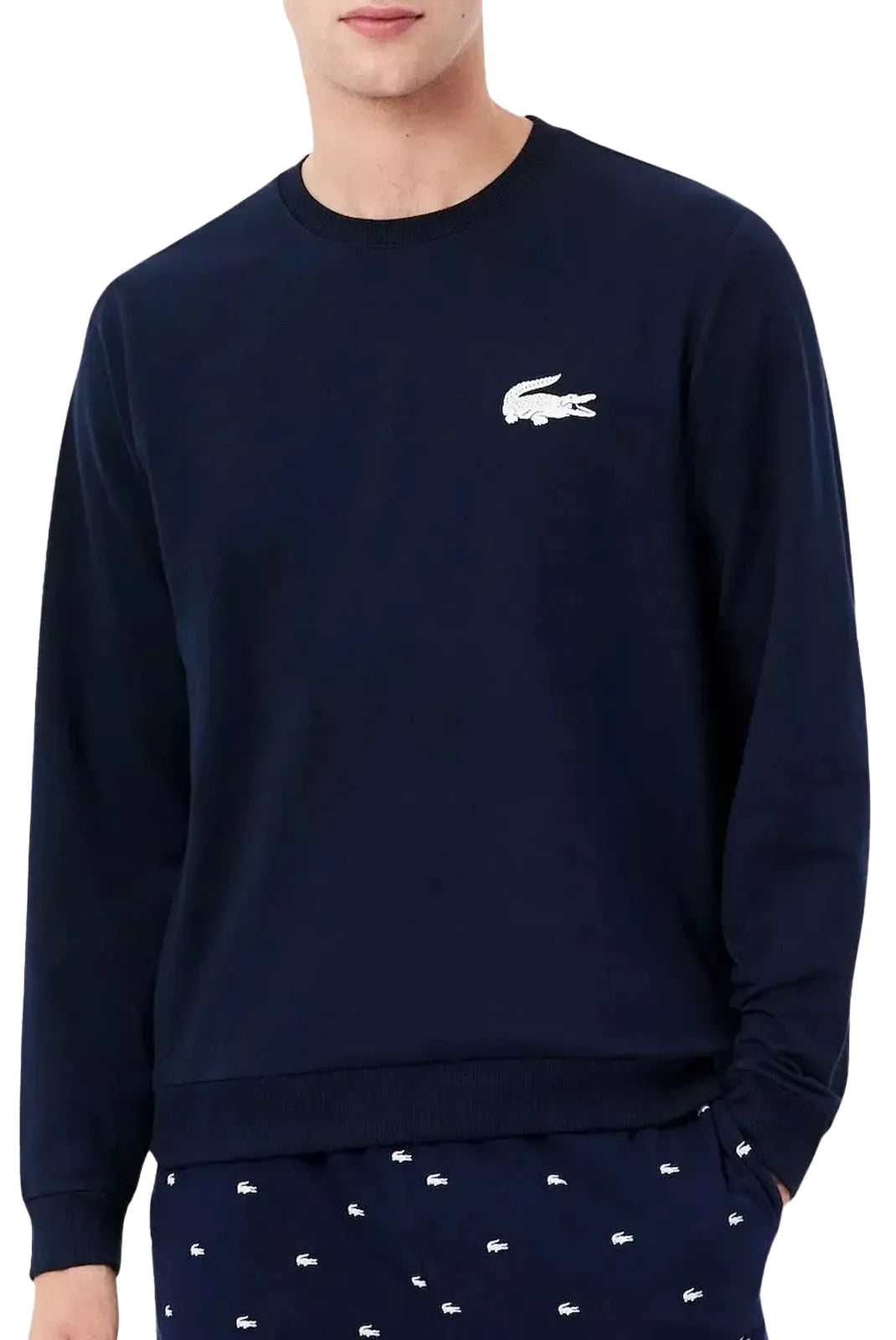 Sweat Lacoste homme bleu col rond logo imprimé