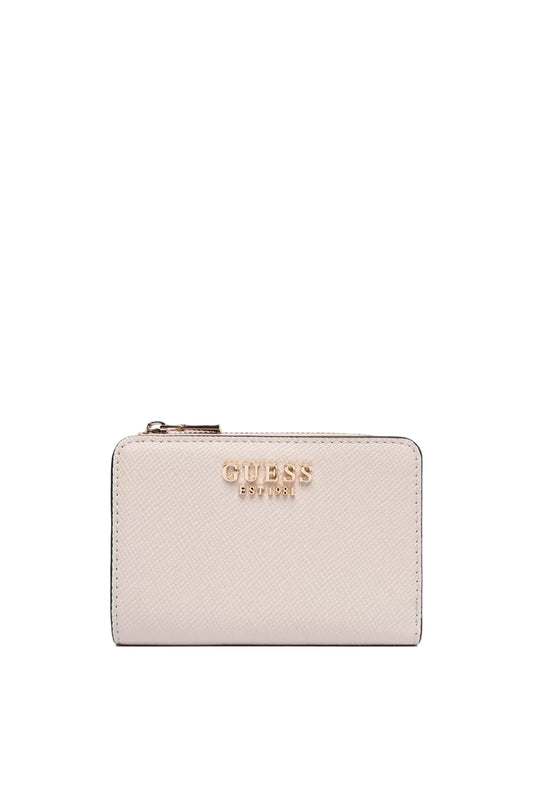 Porte-monnaie Guess femme beige en cuir PU avec logo doré et fermeture zippée