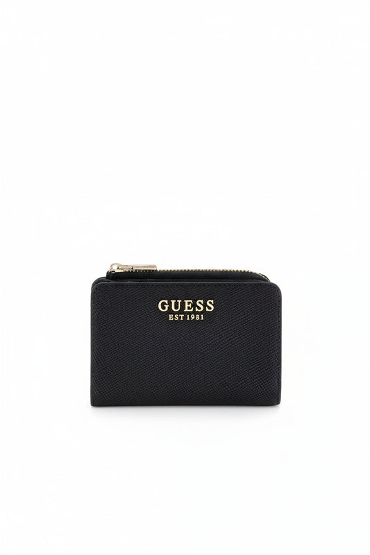 Porte-monnaie Guess femme noir avec fermeture zippée et logo métallique doré