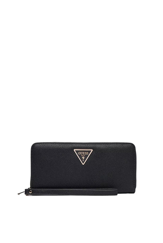 Portefeuille Guess femme noir en cuir PU avec logo métallique doré et fermeture zippée