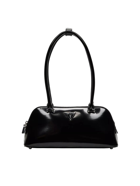 Sac à main Guess femme baguette noir vernis avec logo métal vue de face