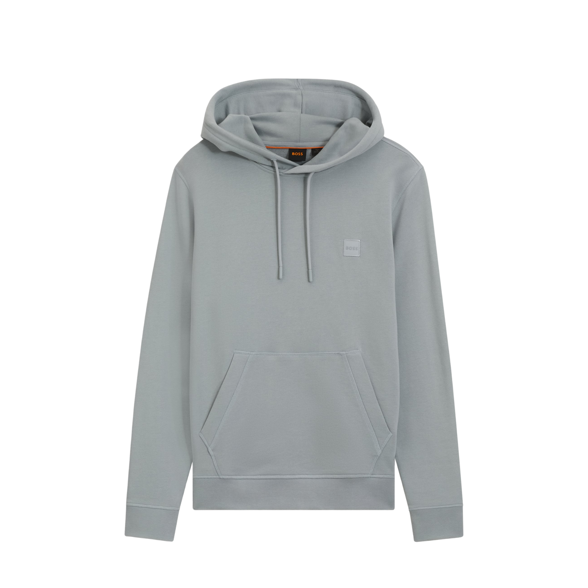 sweat à capuche hugo boss molleton homme gris avec logo boss patch vue de face