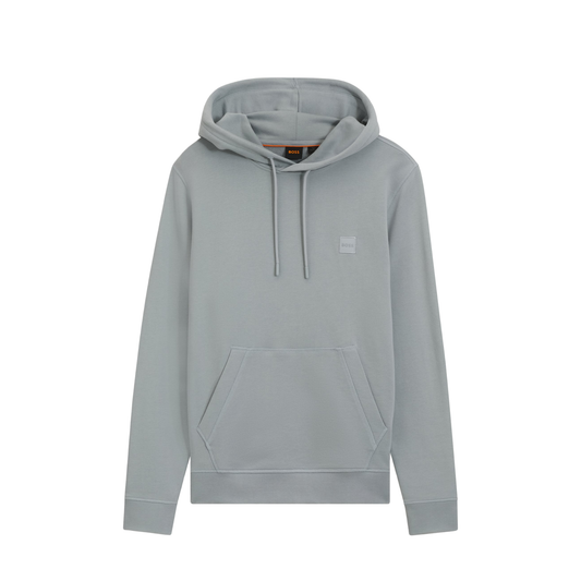 sweat à capuche hugo boss molleton homme gris avec logo boss patch vue de face