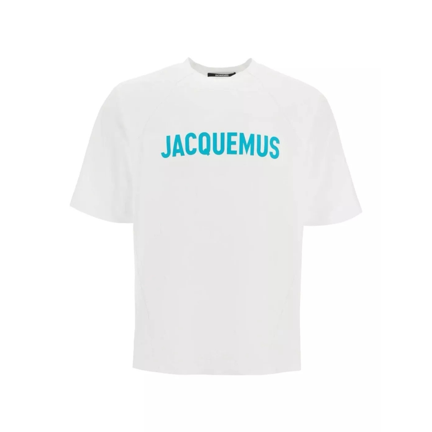 t-shirt jacquemus blanc logo typo bleu face