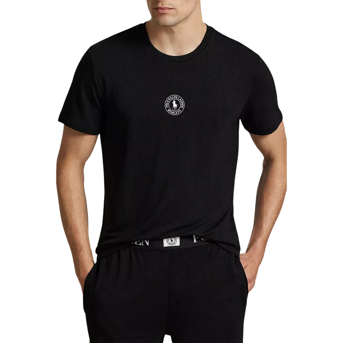 t-shirt ralph lauren homme noir logo rond porté de face