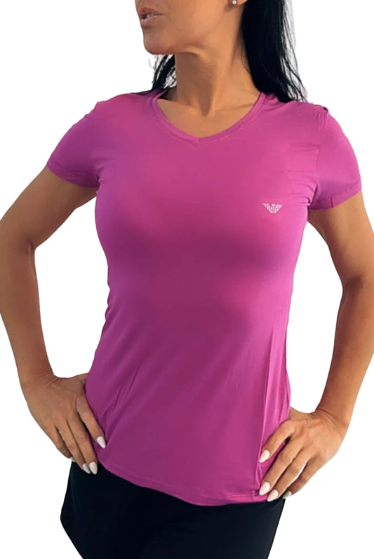 T-shirt Emporio Armani femme rose col V avec logo strassé sur poitrine