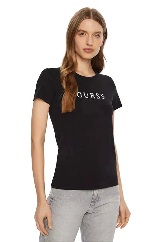 T-shirt Guess femme Jet Black avec big logo imprimé porté de face