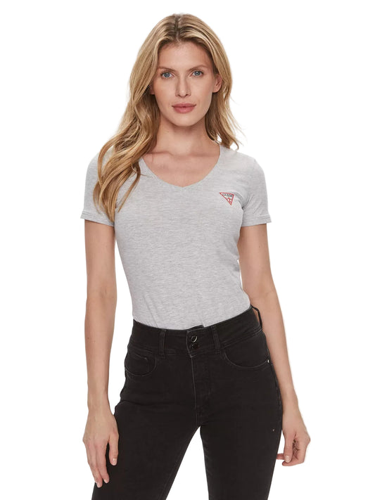 T-shirt Guess femme Light Melange Grey col V porté de face