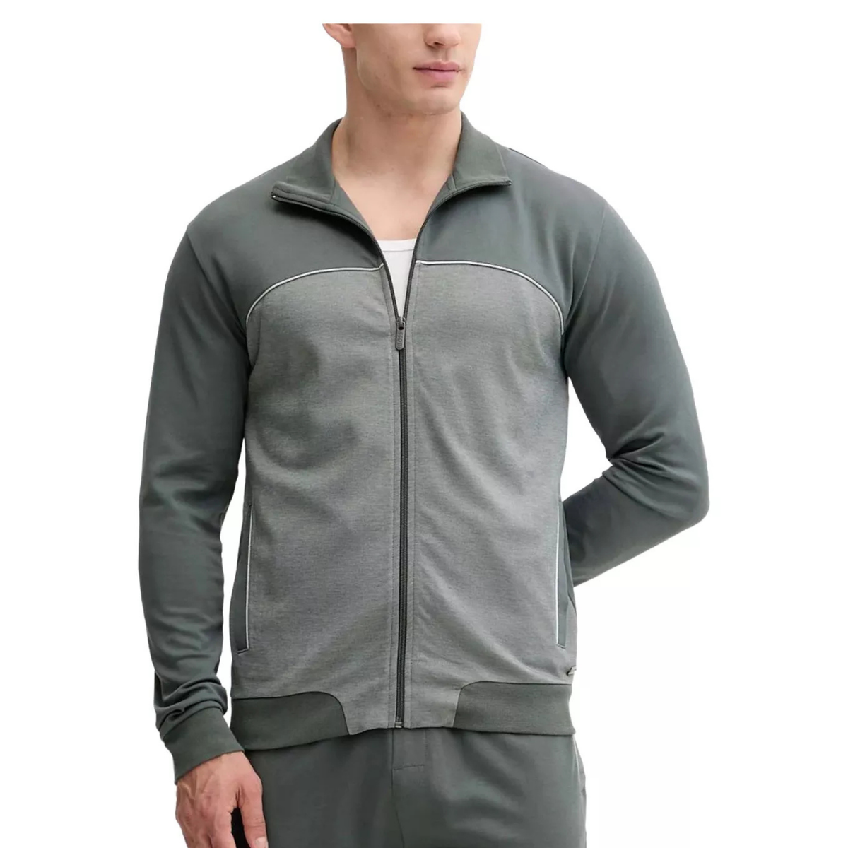 veste zippée hugo boss homme vert avec design contrasté portée vue de face